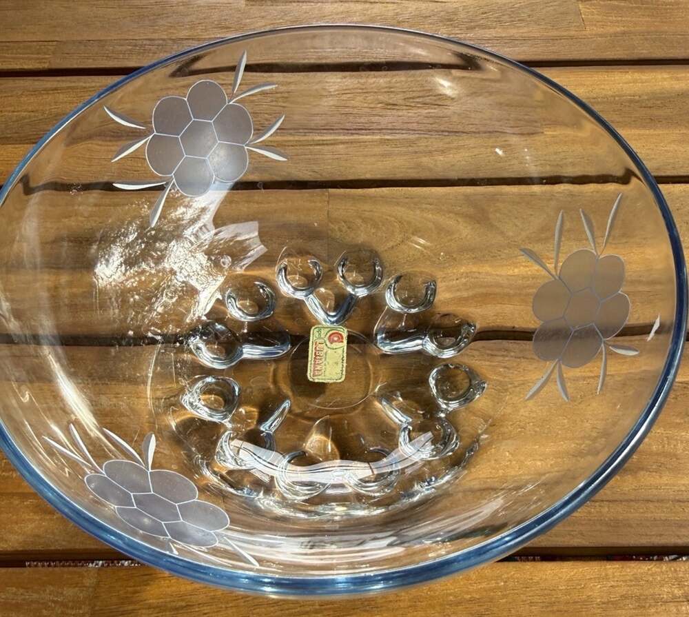 Spa Lubiana Italy Glass Clear Floral Etched 9x3” Heavy Bowl Mid Century